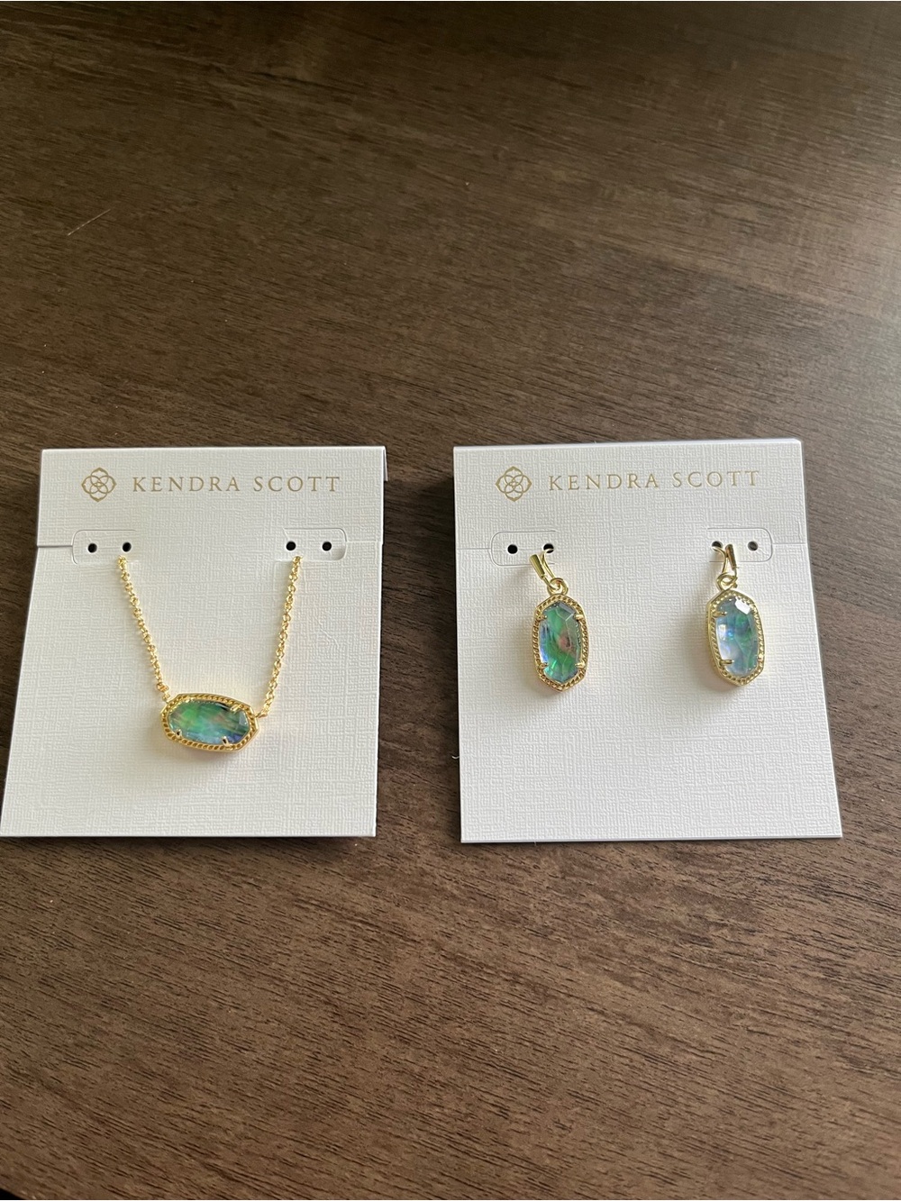Kendra Scott Gold-Plated Necklace and Earrings with Iridescent Green-Blue Stones
